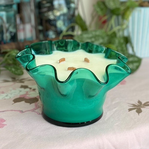 Teal Blue Hand Blown Art Glass Hand Poured Scented Soy Candle - Picture 5 of 7